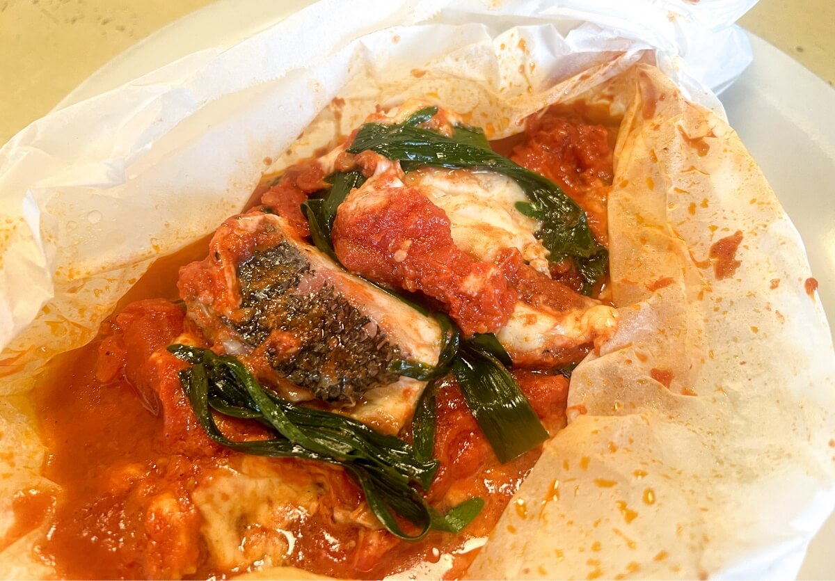 1. 真鱈とニラのリヴォルノ風カルトッチョ（600wで4分半）